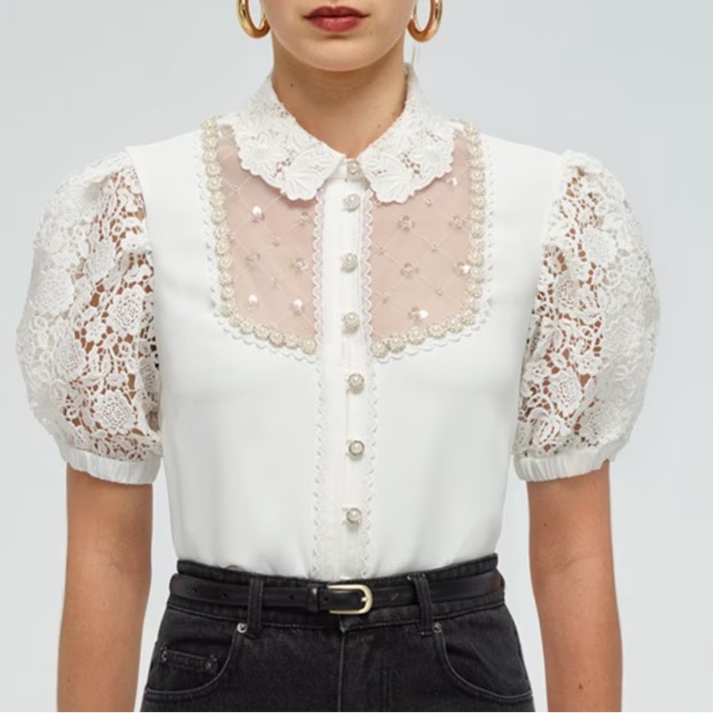 SELF-PORTRAIT Faux-Pearl Embellished Crepe blouse